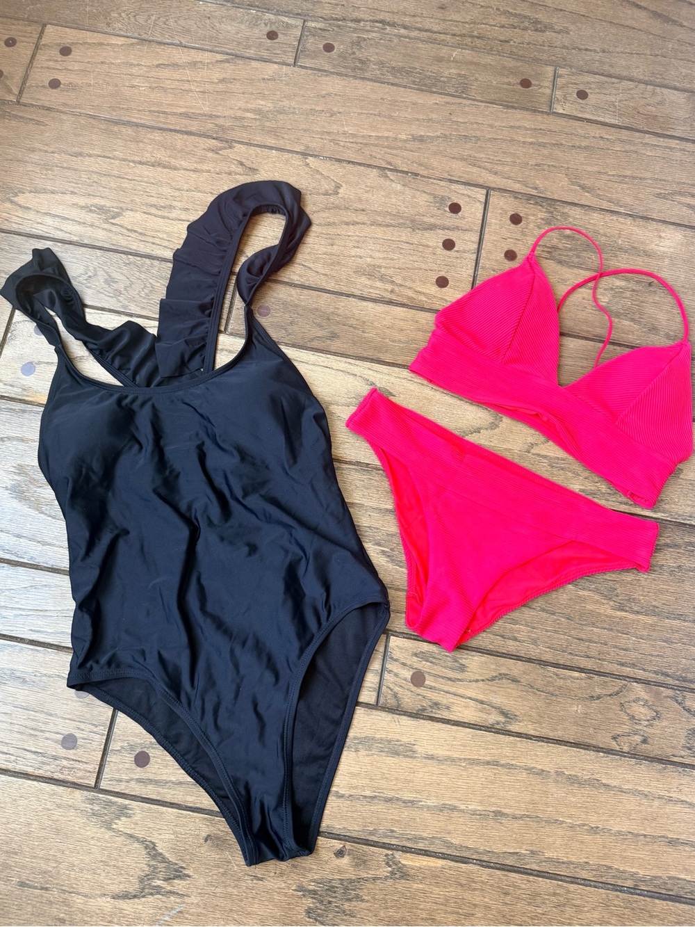 Black One-Piece & H&M Red Bikini Set - Women Swim